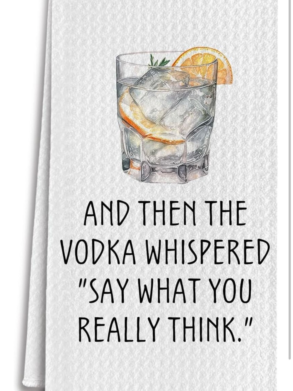 White Kitchen Towel with Vodka Quote and Cocktail Illustration